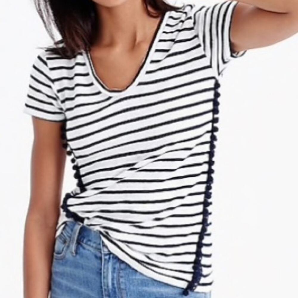 J. Crew Linen Shirt Small Stripe Short Sleeve Top with Pom Pom Trim Navy White